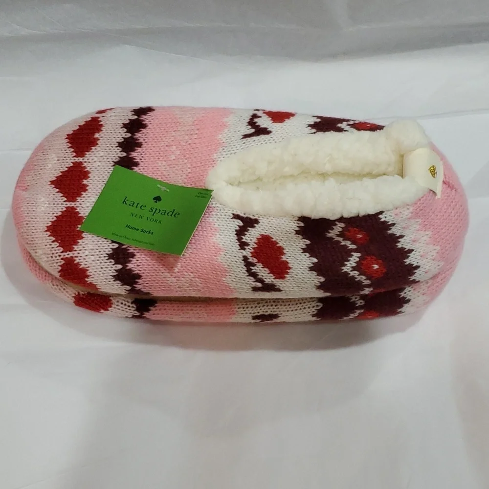 Kate Spade pink red argyle look shearling lined footlet house home socks‎ new OS